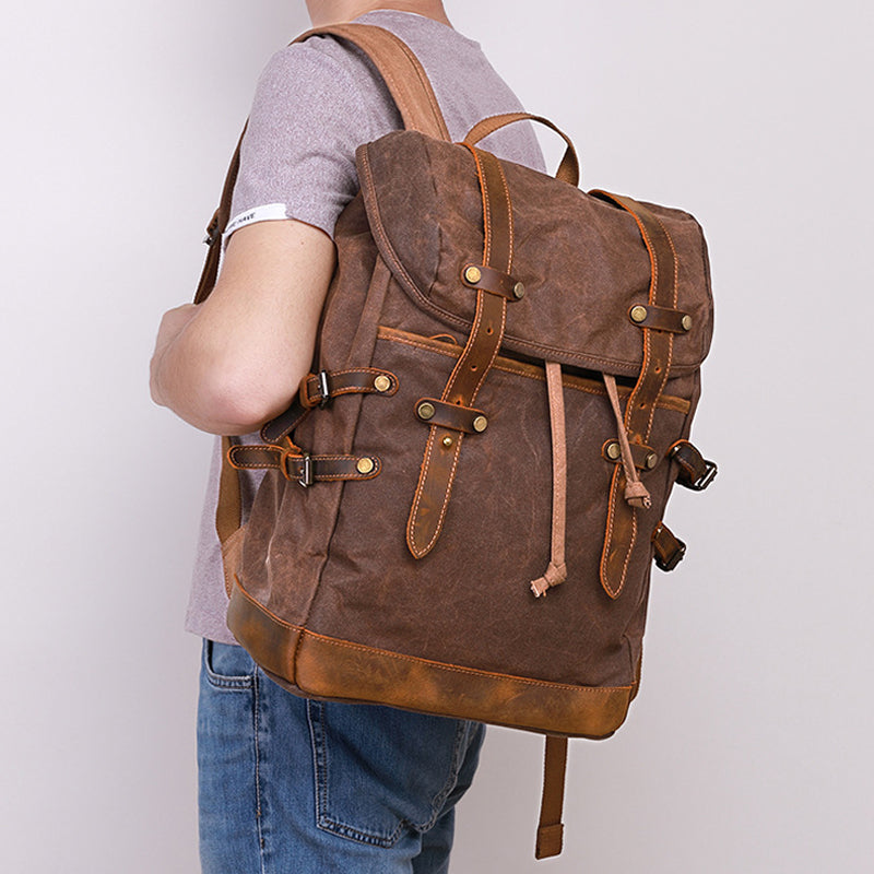 Waxed Canvas Backpack Mens Canvas With Leather Travel Backpack Retro Waterproof Canvas Laptop Backpack MC9159