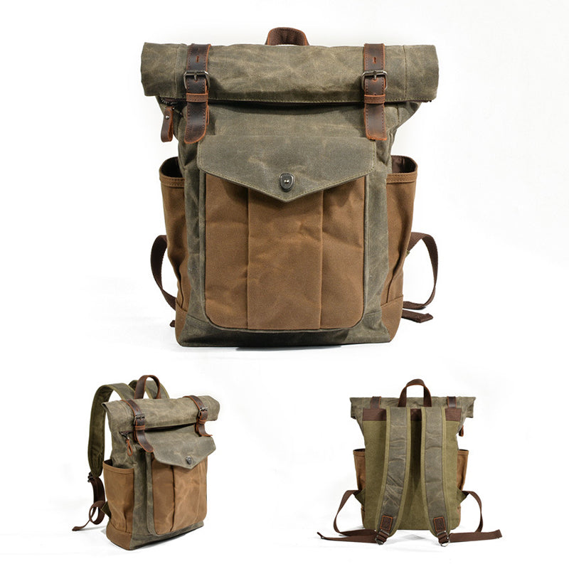 Waxed Canvas Leather Backpack With Roll Up Top Unisex Waterproof Canva – RockCow Leather Studio