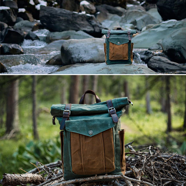 Waxed Canvas Leather Backpack With Roll Up Top Unisex Waterproof Canva – RockCow Leather Studio