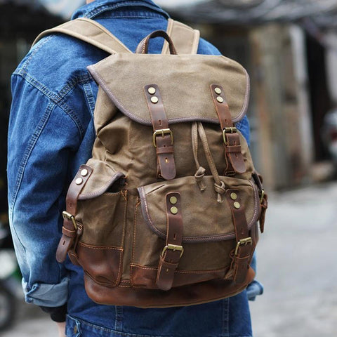 Waxed Canvas Leather Travel Rucksack Canvas With Full Grain Leather Laptop Bag Retro Waterproof Outdoor Hiking Backpack MC9508