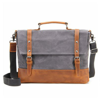 WATERPROOF WAXED CANVAS MESSENGER BAG, MEN'S SHOULDER BAG, CANVAS BAG WITH LEATHER TRIM FX2008-1 - ROCKCOWLEATHERSTUDIO