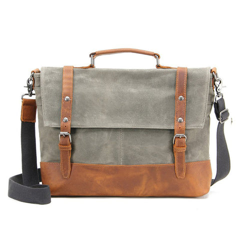 WATERPROOF WAXED CANVAS MESSENGER BAG, MEN'S SHOULDER BAG, CANVAS BAG WITH LEATHER TRIM FX2008-1 - ROCKCOWLEATHERSTUDIO