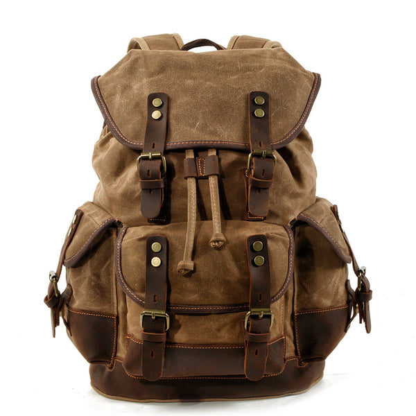 Waxed Canvas Leather Travel Rucksack Canvas With Full Grain Leather Laptop Bag Retro Waterproof Outdoor Hiking Backpack MC9508