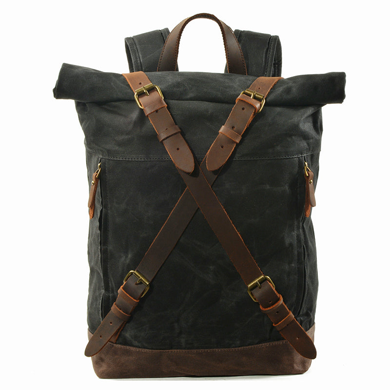 Waxed Canvas Unisex Travel Backpack Waterproof Mountaineering Backpack Canvas With Full Grain Leather Laptop Rucksack Black