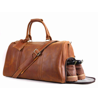 Vintage Crazy Horse Leather Duffle Bag with Shoes Compartment, Leather Travel Bag, Weekender Bag