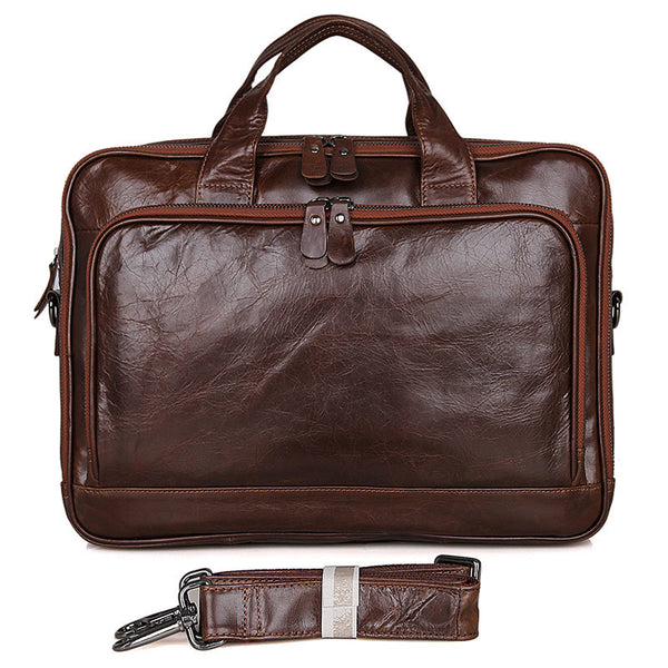 Rockcow Handcrafted Top Grain Leather Briefcase Men's Business Laptop Messenger Bag Classic Shoulder Bags 7005Q - ROCKCOWLEATHERSTUDIO