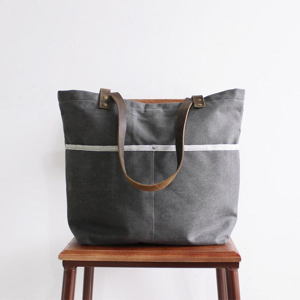 Handmade Canvas Tote Bag, Shoulder Bag With Leather, School Bag 14043 - ROCKCOWLEATHERSTUDIO