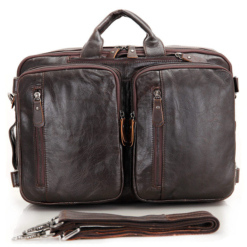 briefcase backpack combo leather Full Grain Leather Briefcase Convertible Leather Backpack Messenger Shoulder Bag Black