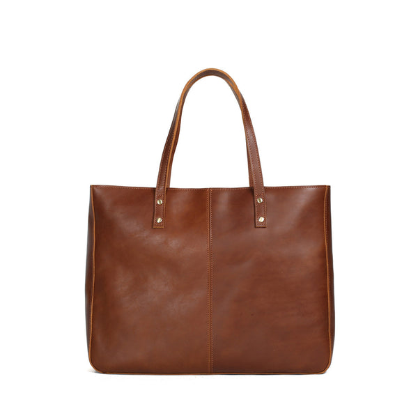 ROCKCOW Vintage Brown Genuine Leather Women Tote Bag, Leather Shoulder Bag, Shopping Bag YD8050 - ROCKCOWLEATHERSTUDIO