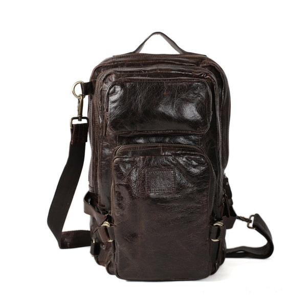 ROCKCOW Large Capacity Real Leather Men's Brown Backpack for Travelling 7048 - ROCKCOWLEATHERSTUDIO