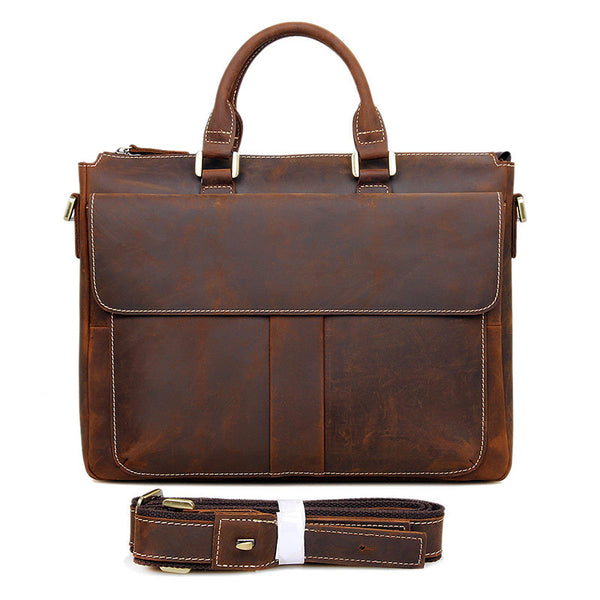 Handmade Crazy Horse Leather Briefcase Men's Business Cross Body Bags Leather Handbags 7113 - ROCKCOWLEATHERSTUDIO