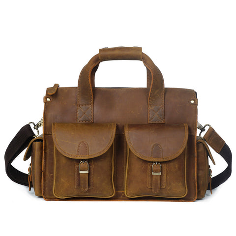 ROCKCOW Crazy Horse Genuine Leather Men Messenger Bags Vintage Briefcases Leather Laptop Bag YD8045 - ROCKCOWLEATHERSTUDIO